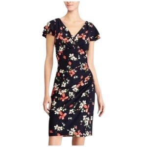Lauren Ralph Lauren Floral Ruched Dress Size 4 Petite Tiered Sleeves